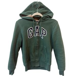 GAP Mens Sherpa Lined Zip Hoodie‎ Green Spellout Logo Size XS Cozy Fleece Preppy